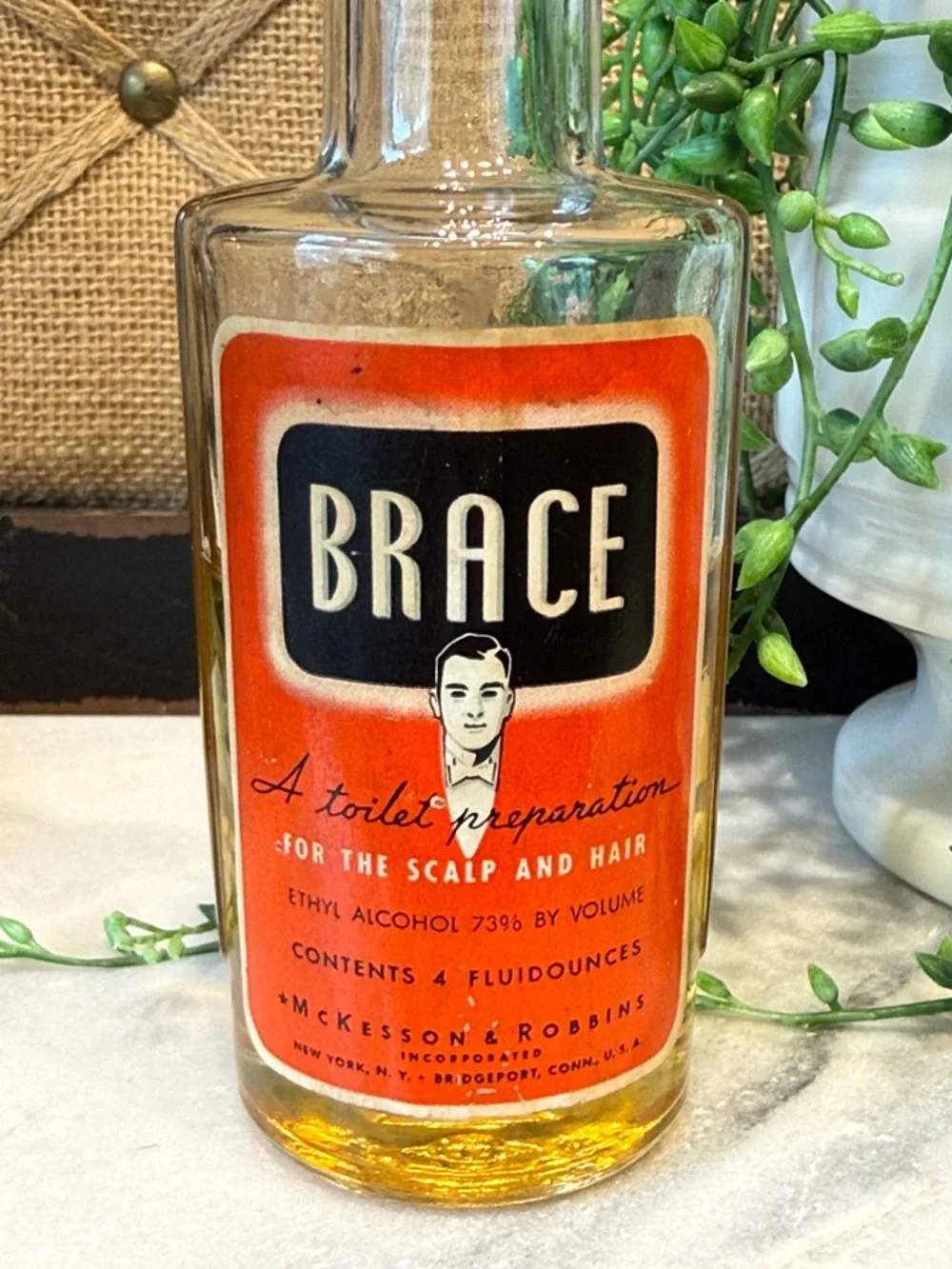 Vintage Brace Hair Tonic Bottle with Orange Label